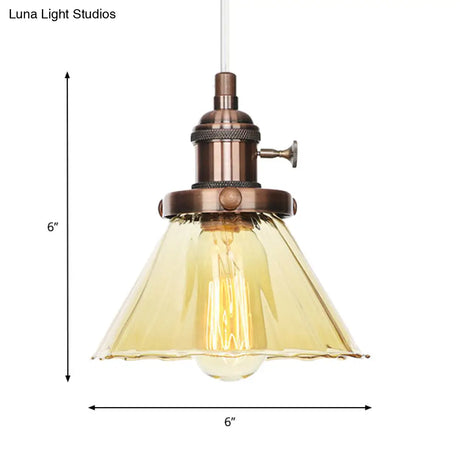 Height-Adjustable 1-Light Industrial Conic Pendant Lamp With Amber/Clear Glass For Coffee Shops -