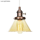 Height-Adjustable 1-Light Industrial Conic Pendant Lamp With Amber/Clear Glass For Coffee Shops -