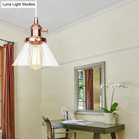 Height-Adjustable 1-Light Industrial Conic Pendant Lamp With Amber/Clear Glass For Coffee Shops -