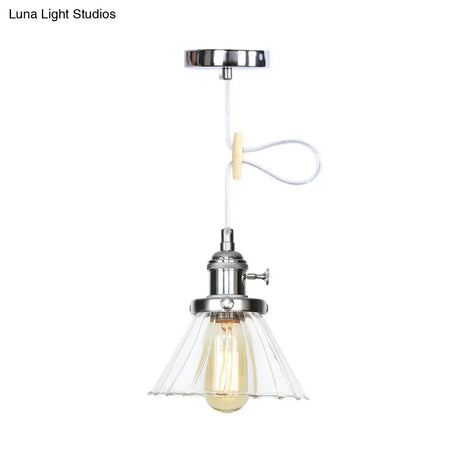Height-Adjustable 1-Light Industrial Conic Pendant Lamp With Amber/Clear Glass For Coffee Shops -