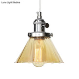 Height-Adjustable 1-Light Industrial Conic Pendant Lamp With Amber/Clear Glass For Coffee Shops -