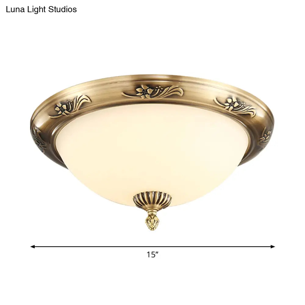 Hemisphere Flush Ceiling Light Brass Finish 2 - Bulb Milky Glass Office Lighting 13’/15’/19.5’ Dia