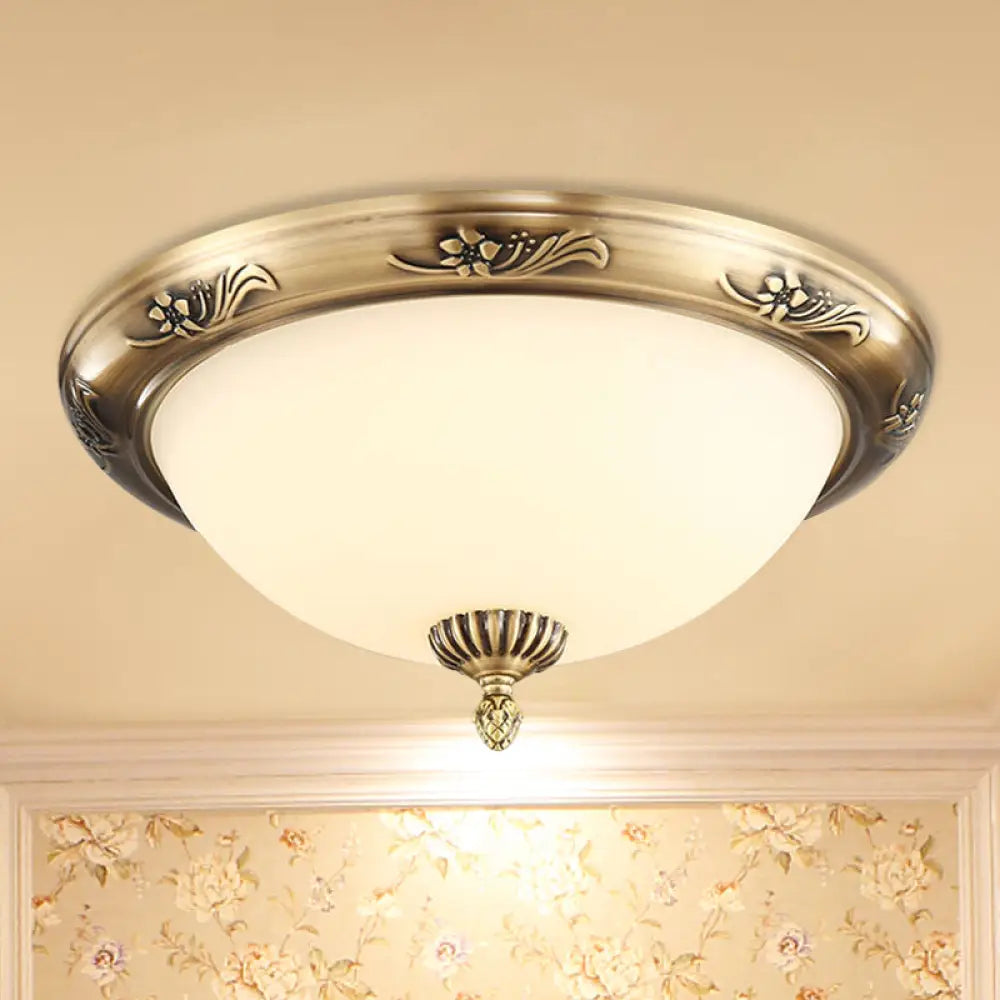 Hemisphere Flush Ceiling Light Brass Finish 2 - Bulb Milky Glass Office Lighting