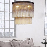 Hemp Fringe Coffee Suspension Light Retro Style Chandelier With 4 Bulbs And Layered Drum Design / 14
