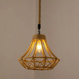 Hemp Rope Caged Pendant Light - Vintage Single-Bulb Hanging Fixture For Restaurants In Brown / A