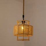 Hemp Rope Caged Pendant Light - Vintage Single-Bulb Hanging Fixture For Restaurants In Brown / C