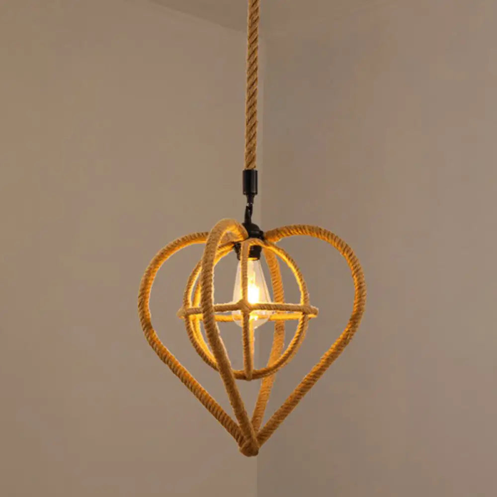 Hemp Rope Caged Pendant Light - Vintage Single-Bulb Hanging Fixture For Restaurants In Brown / D