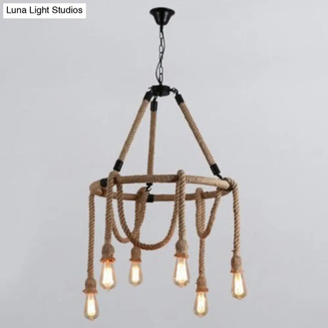 Hemp Rope Chandelier Pendant Light Kit In Antiqued Beige For Restaurants With Exposed Bulb