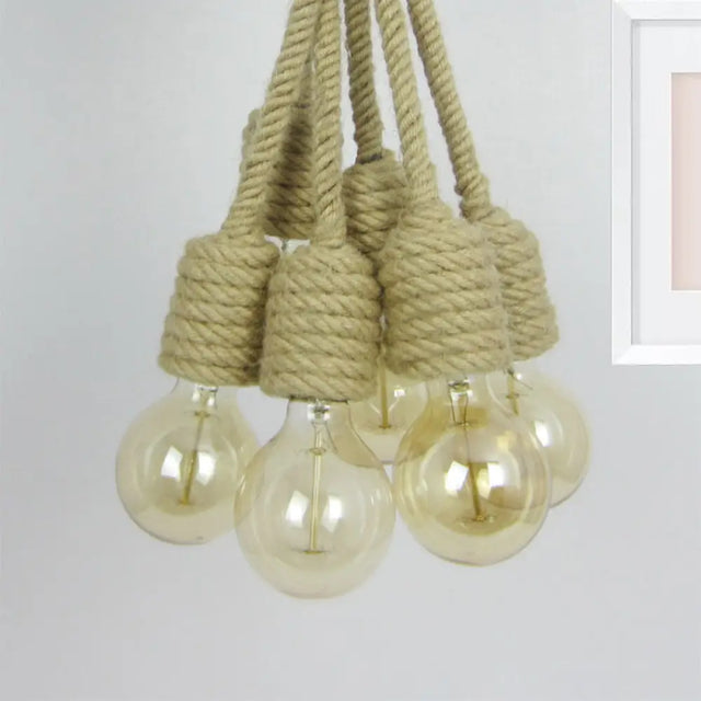Hemp Rope Cluster Pendant Lamp - Industrial Beige Hanging Light For Farmhouse