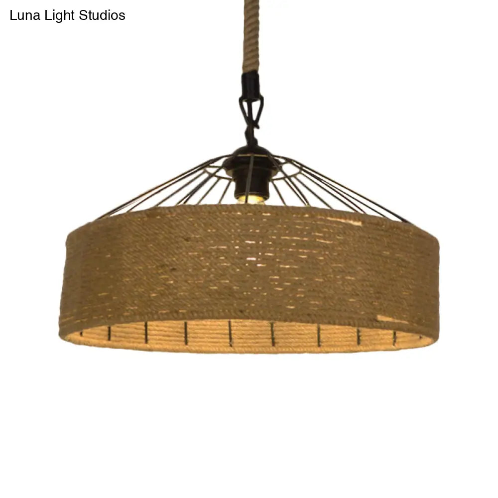 Hemp Rope Drum Pendant Light Country Style 12’/16’ Wide 1-Head Restaurant Hanging Lamp Beige