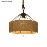 Hemp Rope Drum Pendant Light Country Style 12’/16’ Wide 1-Head Restaurant Hanging Lamp Beige