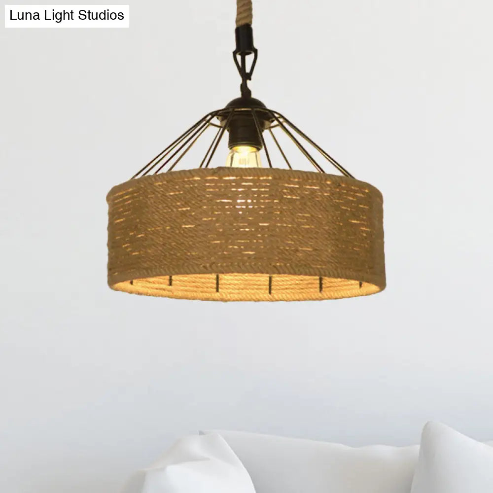 Hemp Rope Drum Pendant Light Country Style 12’/16’ Wide 1-Head Restaurant Hanging Lamp Beige