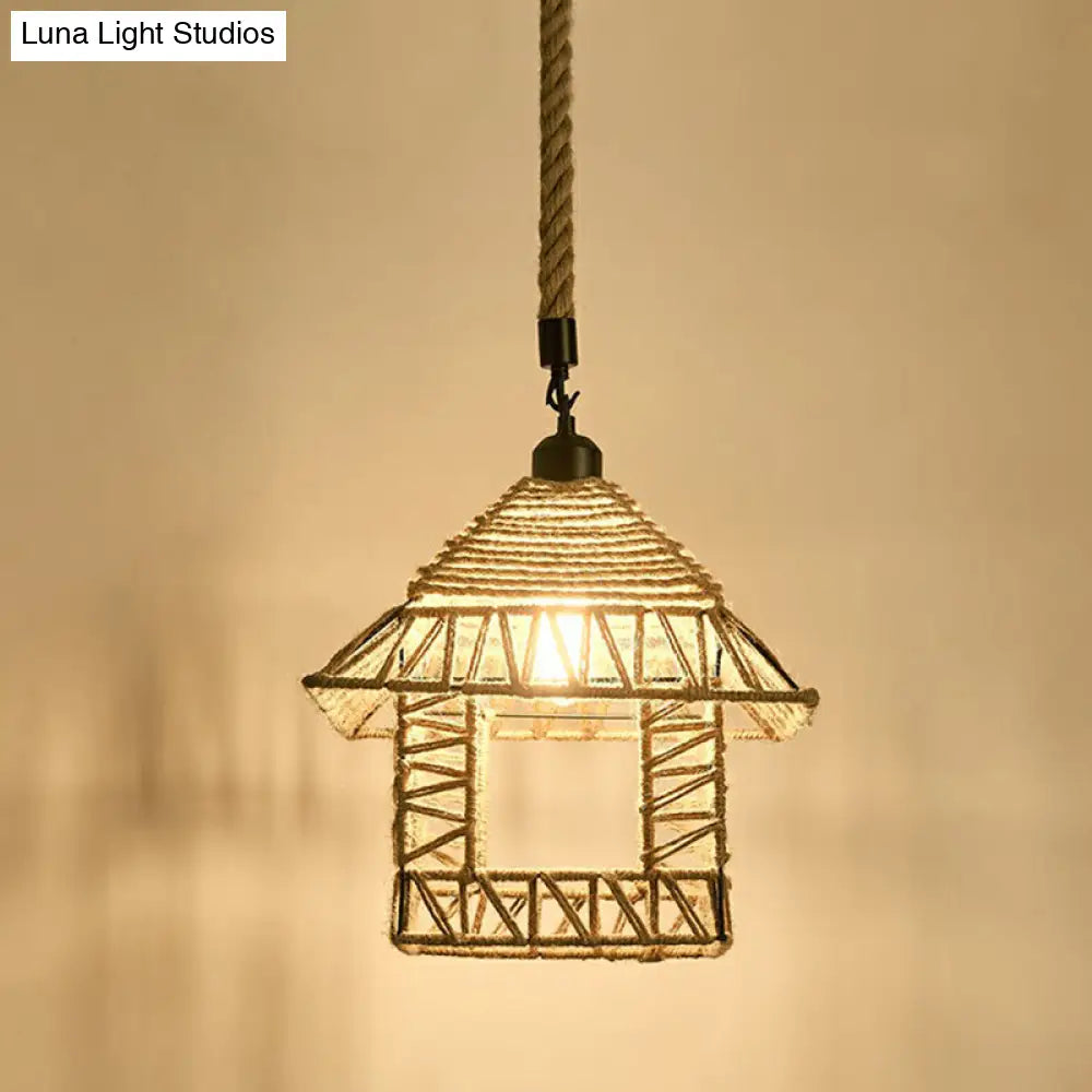 Hemp Rope Pendant Light - Antique 1-Light Fixture In Brown For Restaurants