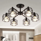 Hexagon Cage Metal Semi-Flush Mount Ceiling Light In Vintage Style - 6/8/10 Heads Black 6 /