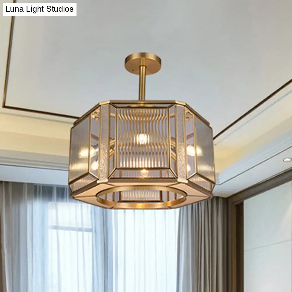 Hexagon Flush Mount Lighting With Clear Prismatic Glass - 6-Head Colonial Gold Finish