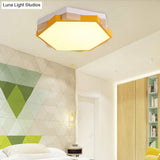 Hexagon Led Flushmount Ceiling Lamp In Pink/Yellow/Blue With Metal Shade Warm/White Light