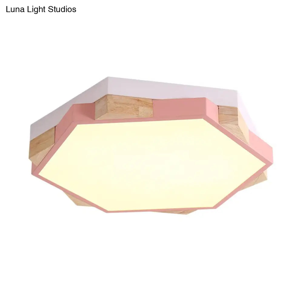 Hexagon Led Flushmount Ceiling Lamp In Pink/Yellow/Blue With Metal Shade Warm/White Light