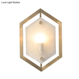 Hexagon Sconce Lighting: Postmodern Metallic 1-Bulb Brass Wall Lamp With Translucent Glass Shade