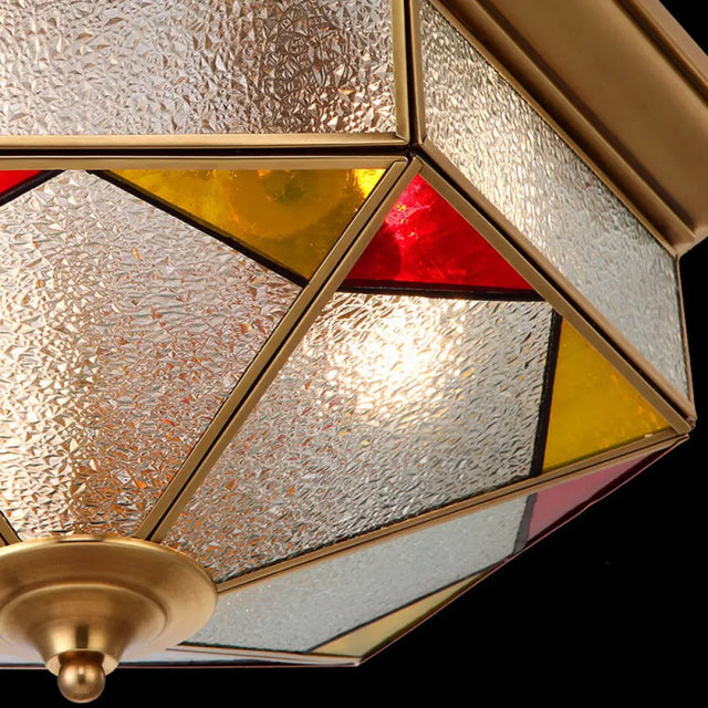 Hexagonal Red Bubble Glass Flush Mount Lamp For Bedroom - 2/3 Heads 12.5/19 W