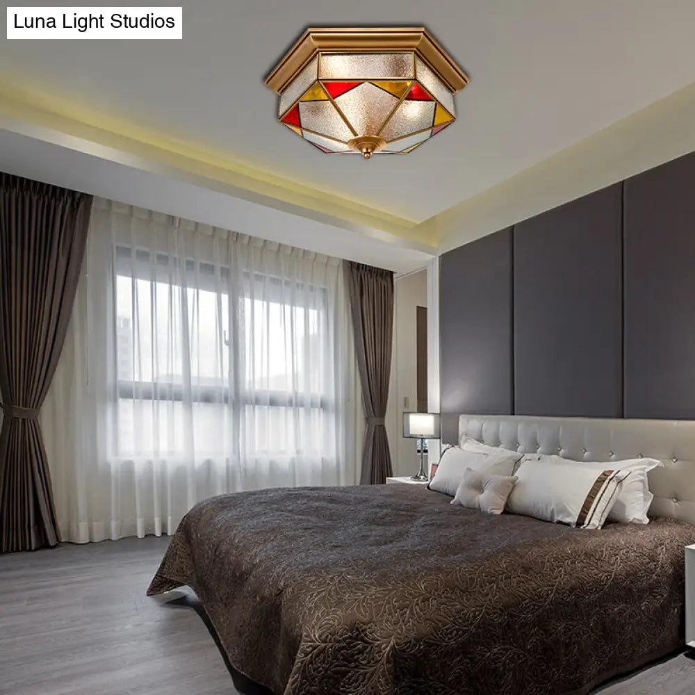 Hexagonal Red Bubble Glass Flush Mount Lamp For Bedroom - 2/3 Heads 12.5’/19’ W
