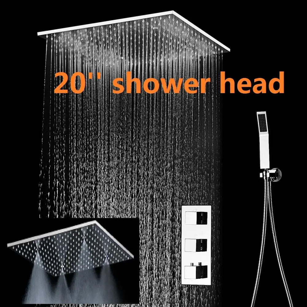 High Quality Thermostatic 20’’ Shower Set Polished Ceiling Rain Mist Panel Bathroom Faucets System 500x500mm 20 inch
