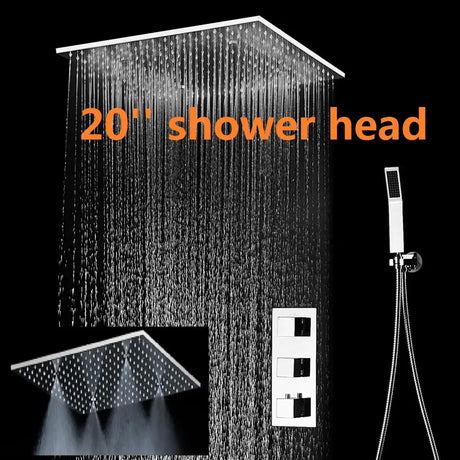 High Quality Thermostatic 20’’ Shower Set Polished Ceiling Rain Mist Panel Bathroom Faucets System 500x500mm 20 inch