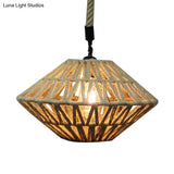Hollowed Pendant Rustic Brown Jute Rope Ceiling Lamp With Flying Saucer Design - 1 Light