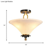 Horn-Shaped White Glass Semi Flush Lamp - Country Style With 3 Lights For Bedroom Ceiling In Brass