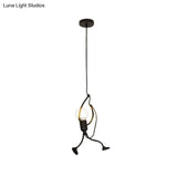 Human Shape Pendant Light: Black Finish Industrial Iron 1-Bulb For Restaurants