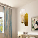 Indoor Mid Century Modern Brass Cone Wall Sconce With Clear Ribbed Glass Single Light