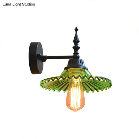 Industrial 1-Light Black Sconce With Clear/Green Glass Cone/Wide Flare For Living Room Wall