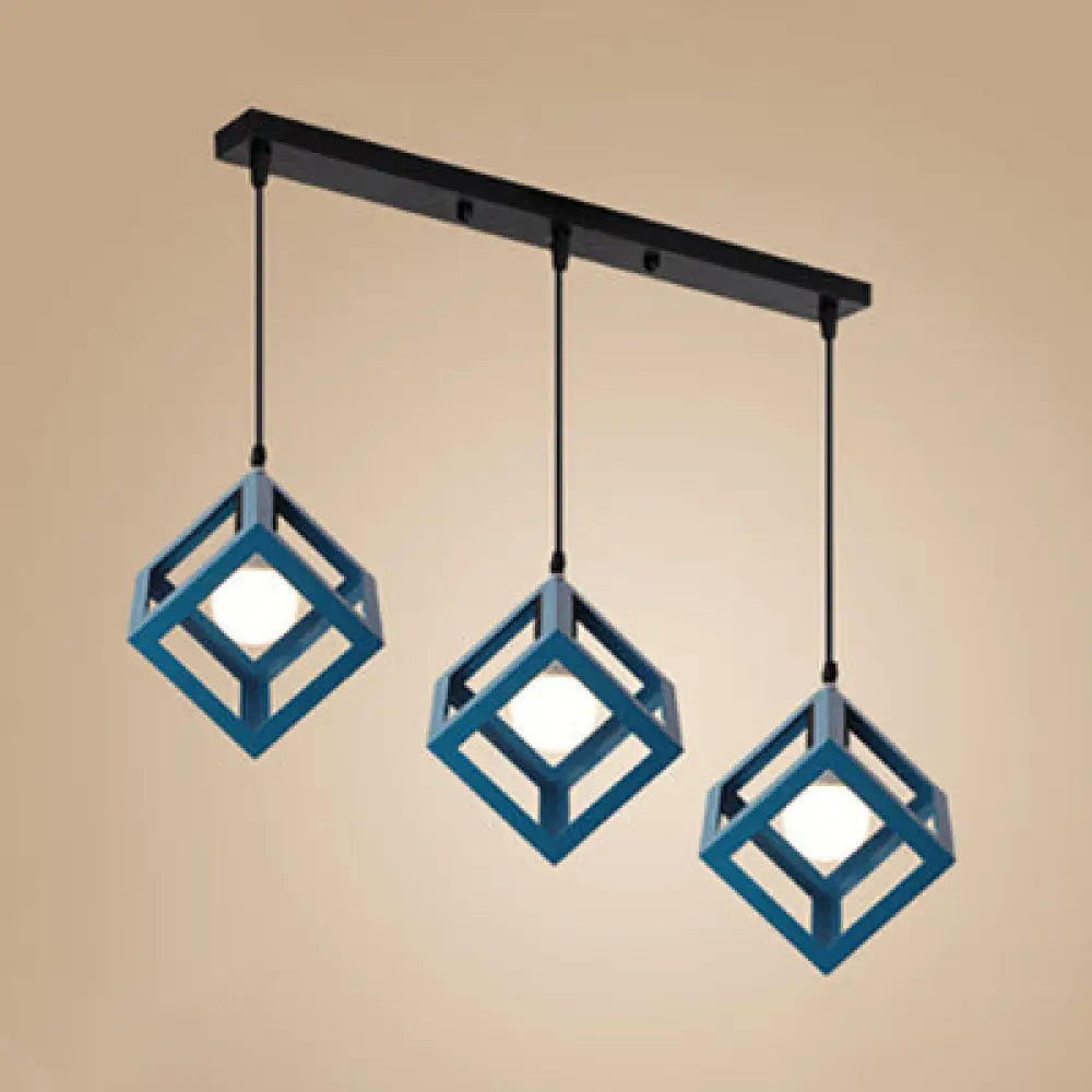Industrial 3-Head Pendant Light With Squared Metallic Cage Red/Yellow Canopy For Hallway Blue /