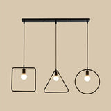 Industrial 3-Light Geometric Metal Frame Pendant With Black Finish For Dining Room Ceiling / Linear