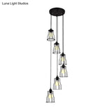 Industrial 6-Head Stair Suspended Pendant Lamp - Iron Wire Cage Multi Ceiling Light In Black