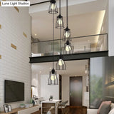 Industrial 6-Head Stair Suspended Pendant Lamp - Iron Wire Cage Multi Ceiling Light In Black