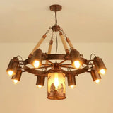 Industrial Adjustable Chandelier Pendant With 8 Lights Black/Rust Wheel Design Restaurant Ceiling