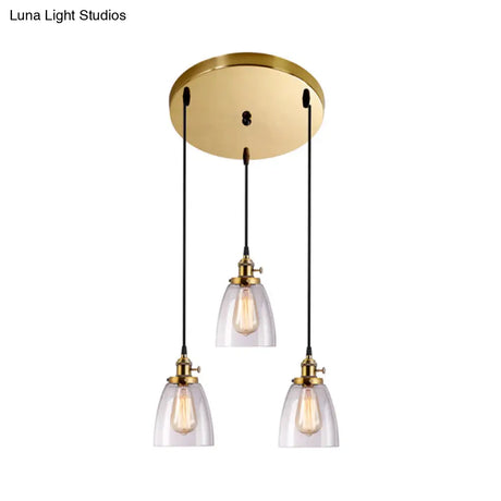 Industrial Aged Brass Dining Room Pendant Light Fixture With Tapered Clear Glass Shades - 3-Light