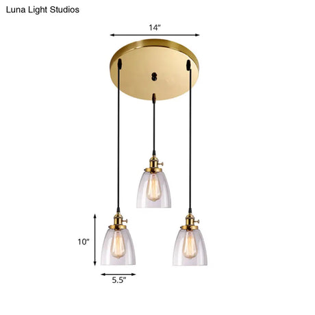 Industrial Aged Brass Dining Room Pendant Light Fixture With Tapered Clear Glass Shades - 3-Light