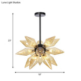 Industrial Amber/Clear Ribbed Glass Pendant Lighting With Starburst Design - 9/12/15 Heads Bedroom