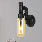 Industrial Amber Glass Wall Sconce With Pipe Design - Black / B