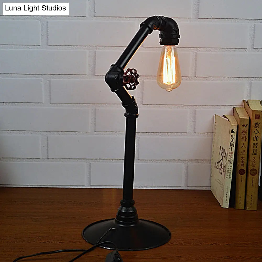 Industrial Arched Pipe 1-Head Table Lamp In Metallic Black | Plug-In Night Light With Round Base