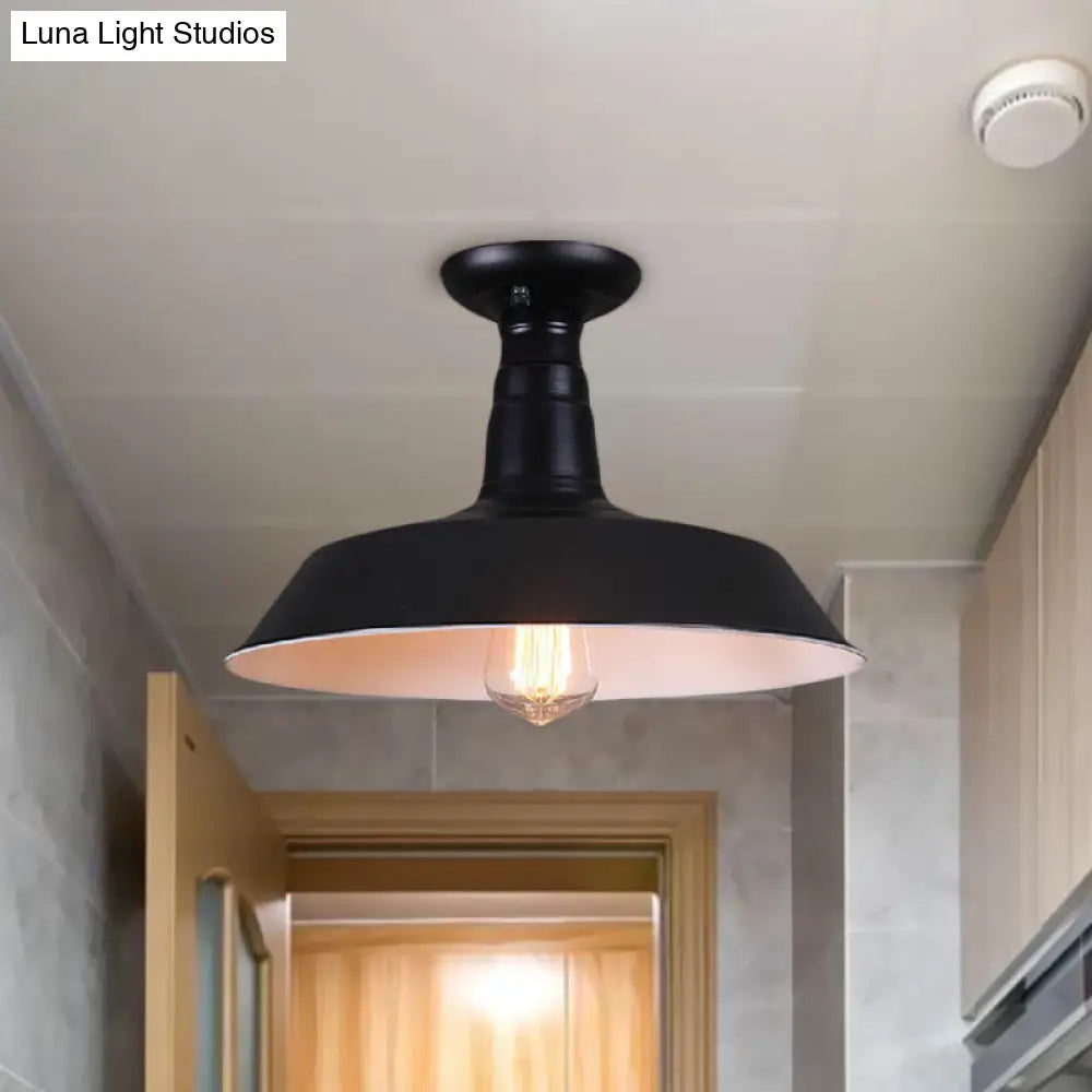 Industrial Barn Semi-Flush Mount Ceiling Light In Black - 10’/14’ Diameter 1 Bulb Metallic Shade