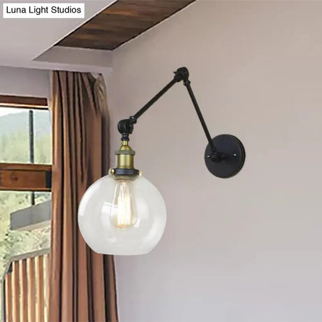 Industrial Bedroom Wall Sconce Lighting Fixture With Clear Glass Globe Shade - Black/Antique