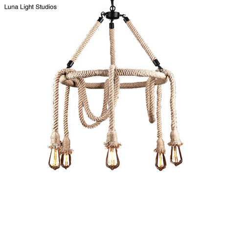 Industrial Beige Rope Chandelier - Exposed Bulbs 6/8 Lights Ideal For Dining Room