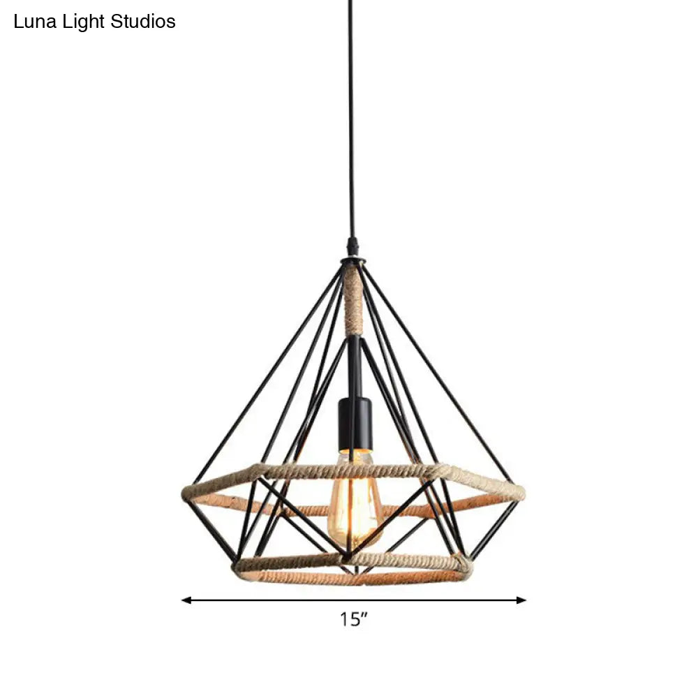Industrial Bistro Hanging Lamp - Single Bulb Drop Pendant With Diamond Roped Cage In Black