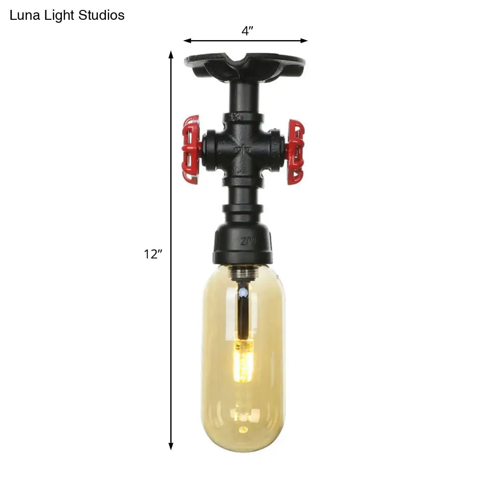 Industrial Black Amber Glass Semi Flush Light With Capsuled Shade & Pipe Design - Ceiling Mount