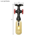 Industrial Black Amber Glass Semi Flush Light With Capsuled Shade & Pipe Design - Ceiling Mount