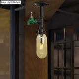 Industrial Black Amber Glass Semi Flush Light With Capsuled Shade & Pipe Design - Ceiling Mount