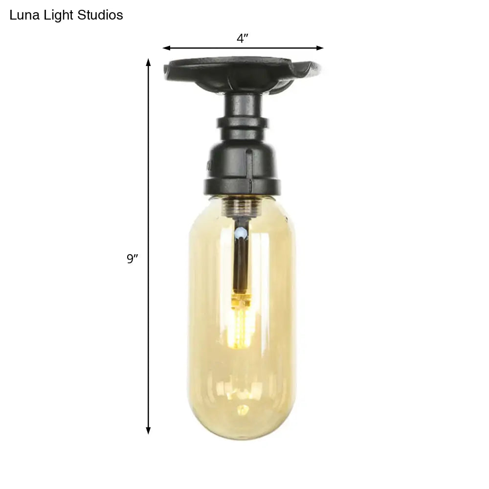 Industrial Black Amber Glass Semi Flush Light With Capsuled Shade & Pipe Design - Ceiling Mount