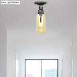 Industrial Black Amber Glass Semi Flush Light With Capsuled Shade & Pipe Design - Ceiling Mount
